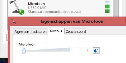 Zet het niveau omlaag bij de opnameapparaten in Windows. Zoek naar Microfoon USB2.0 of iets dergelijks en kijk bij het metertje of er audio binnenkomt.